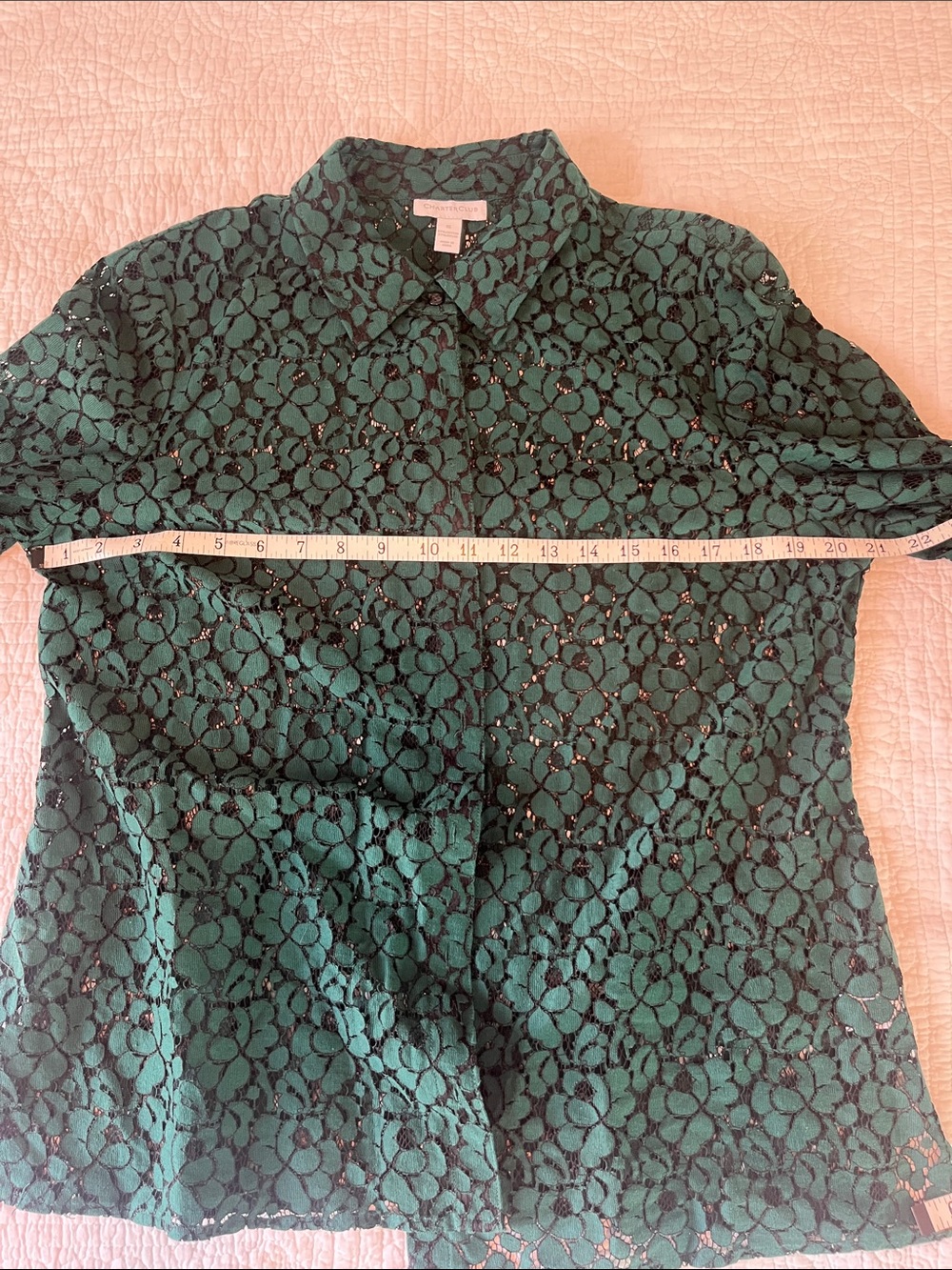 Charter Club Teal Lace Button-Up Blouse - Picture 5 of 5